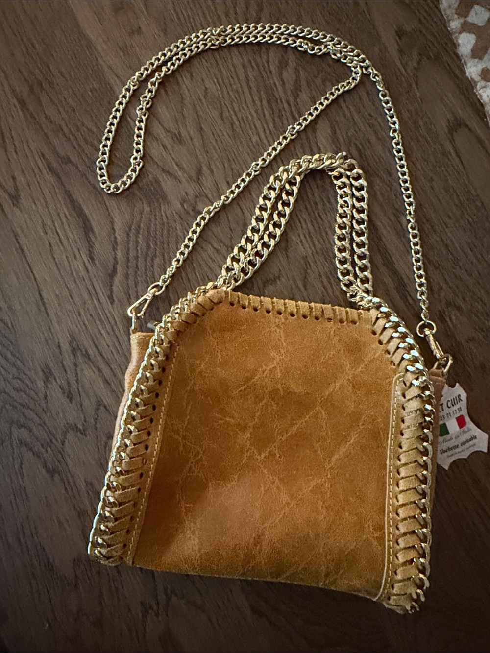Italian leatherChain-Trim Crossbody Bag in Mustard Brown